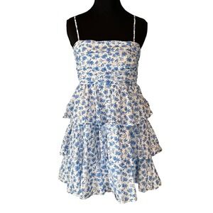 Francescas Mi Ami Blue Floral Ruffle Tiered Mini Dress Spaghetti Strap Smocked M